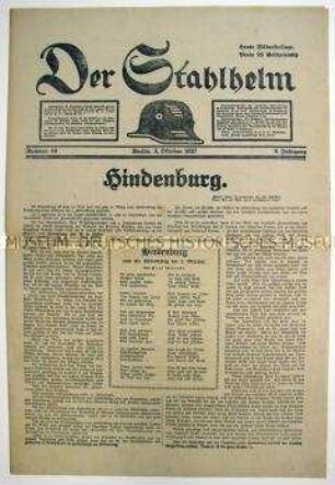 Militaristische Wochenzeitung "Der Stahlhelm" zum 80. Geburtstag von Hindenburg