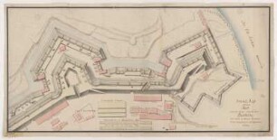 Grundriss der Befestigung zu Dresden, Handzeichnung, 1751 : Grund-Riß von dem Baer und dem daran Stoßenden Bastion wie solche in Monat Januario 1751 Ausgemeßen und befunden worden. - [S.l.] , 1751. - 1 Kt. : kolor. Handzeichng. ; 86 x 41 cm