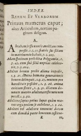Index. Rerum Et Verborum Primus numerus caput; alter Articulum, tertius paginam designat.