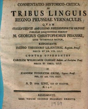 Commentatio historico-critica de tribus linguis regno Prussiae vernaculis