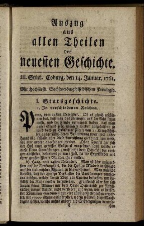 III. Stück. Coburg, den 14. Januar, 1761.
