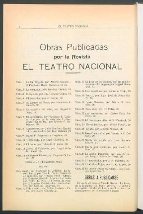 Obras publicadas por la Revista El Teatro Nacional
