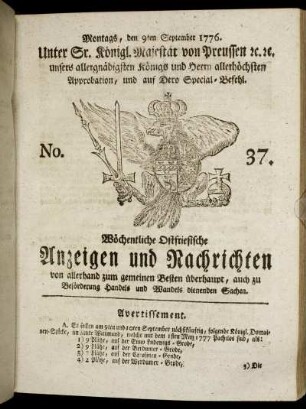 No. 37. Montags, den 9ten September 1776.