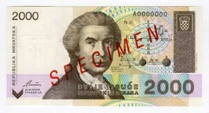 Kroatische Nationalbank: 2.000 Dinar 1992 Probe