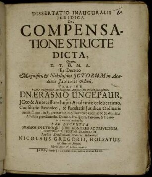 Dissertatio Inauguralis Iuridica De Compensatione Stricte Dicta