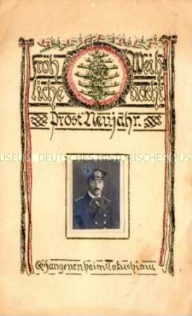 Handgefertigte Weihnachtskarte aus einem japanischen Kriegsgefangenenlager (mit aufgeklebtem Passbild)