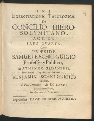 Exercitationis Theologicae De Concilio Hierosolymitano, Act. XV. Pars Quarta