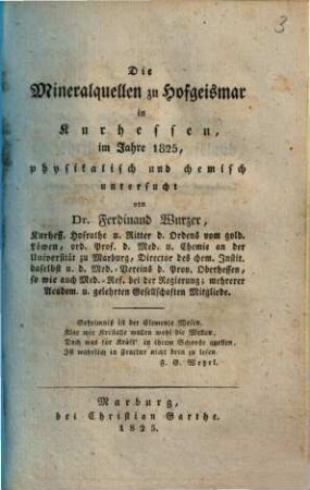 Die Mineralquellen zu Hofgeismar in Kurhessen : im Jahre 1825 physikalisch und chemisch untersucht