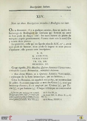 XIV.Note sur deux Inscriptions trouvées à Boulogne-sur-mer