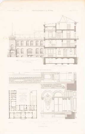 Reichsdruckerei, Berlin: Grundriss 2.OG, Schnitt, Detail (aus: Atlas zur Zeitschrift für Bauwesen, hrsg. v. Ministerium der öffentlichen Arbeiten, Jg. 39, 1889)