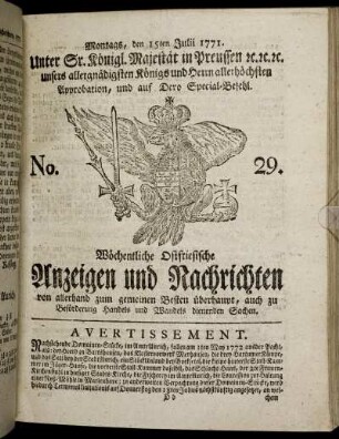 No. 29. Montags, den 15ten Julii 1771.