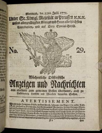 No. 29. Montags, den 15ten Julii 1771.