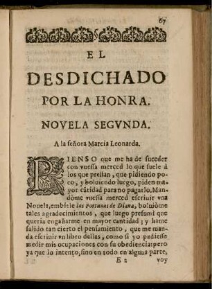 El Desdichado Por La Honra : Novela Segunda