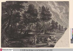 [Landschaft mit zwei Entenjägern und Kühen]