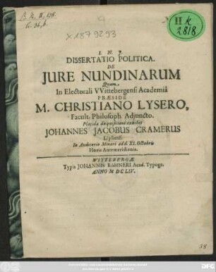 Dissertatio Politica. De Iure Nundinarum