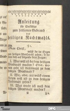 Anleitung für Einfältige zum heilsamen Gebrauch des heiligen Nachtmahls.