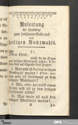 Anleitung für Einfältige zum heilsamen Gebrauch des heiligen Nachtmahls.