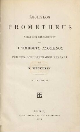 Prometheus : nebst den Bruchstücken des Prometheus Lyomenos