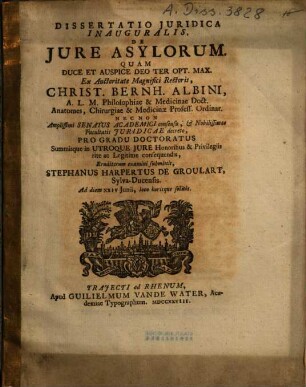 Dissertatio Iuridica Inauguralis, De Iure Asylorum