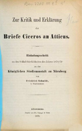 Zur Kritik und Erklärung der Briefe Ciceros an Atticus