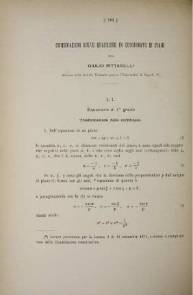 Osservazioni sulle quadriche in coordinate di piani.