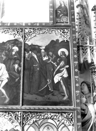 Altar in erster Öffnung — Szenen aus dem Leben Johannes des Täufers — Rechter Außenflügel: Vier Szenen aus dem Leben des Heiligen — Johannes diskutiert mit den Schriftgelehrten
