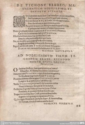 DE TYCHONE BRAHEO, MATHEMATICO NOBILISSIMO, ET DANORUM ATLANTE.