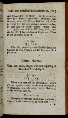 Achtes Kapitel. Von den vollständigen und unvollständigen kubischen Gleichungen.