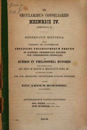 De secularibus consiliariis Heinrici IV. : Particula I