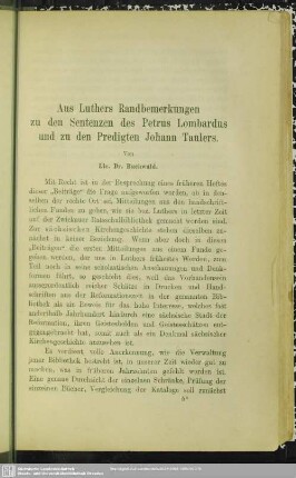 Aus Luthers Randbemerkungen zu den Sentenzen des Petrus Lombardus und zu den Predigten Johann Taulers
