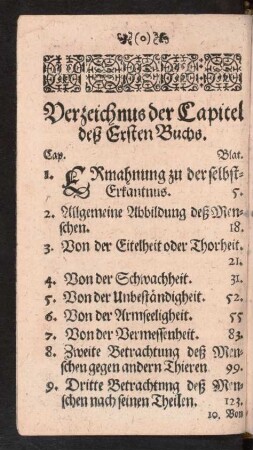Verzeichnus der Capitel deß Ersten Buchs.