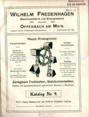 Katalog Nr. 9 über zerlegbare Treibketten, Kettenräder und Elevatorbecher