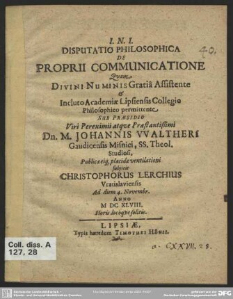 Disputatio philosophica de proprii communicatione