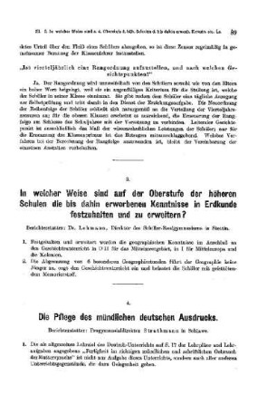 In welcher Weise sind auf der Oberstufe der höheren Schulen die bis dahin erworbenen Kenntnisse in Erdkunde festzuhalten und zu erweitern? : [Bericht]