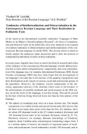 Tendencies of intellectualisation and democratisation in the contemporary Russian language and their realisation in publicistic texts