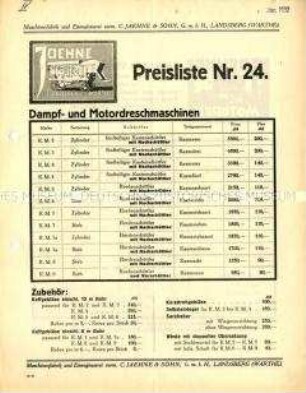 Preisliste über liegende Viertaktmotoren und Dampf-Motor-Dreschmaschinen
