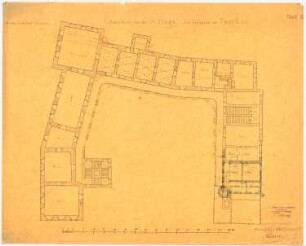 Schloss Tworkau Umbau: Grundriss 1.Obergeschoss mit Kennzeichnung der Um- und Ausbauten, Detail-Schnitt, Maßstabsleiste