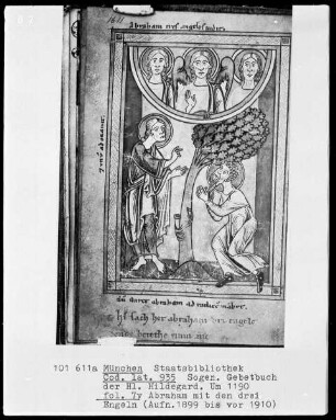 Sogenanntes Gebetbuch der heiligen Hildegard — Abraham mit den drei Engeln, Folio 7verso