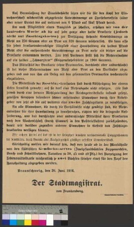 Bekanntmachung des Stadtmagistrats Braunschweig zur Ausgabe von Brotkarten und Zuteilung von Speisekartoffeln, Mehl und Gemüsekonserven