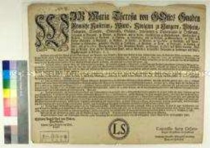 Verordnung von Maria Theresia Kaiserin des Heiligen Römischen Reiches und Erzherzogin von Österreich über die Einhaltung der Bruderschaftsordnung für Gold-, Silber- und Galanteriearbeiter sowie die Verarbeitung und den Verkauf von Gold und Silber