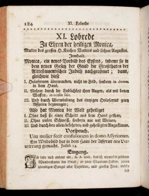 XI. Lobrede Zu Ehren der heiligen Monica, Mutter des grossen H. Kirchen Vatters und Lehrer Augustini.