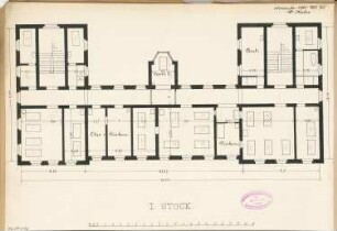 Kreiskrankenhaus, Insterburg Monatskonkurrenz November 1885: 3. Variante: Grundriss Erdgeschoss; Maßstabsleiste