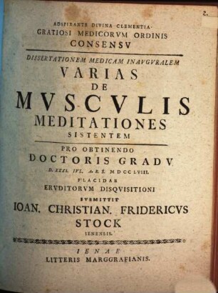 Dissertationem Medicam Inavgvralem Varias De Mvscvlis Meditationes Sistentem