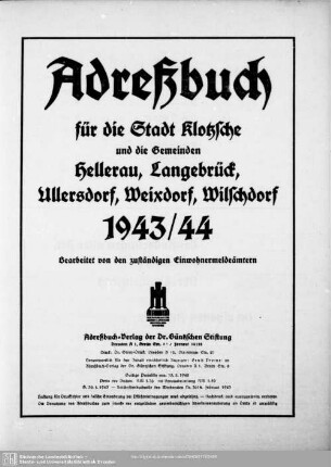 Adreßbuch für die Stadt Klotzsche und die Gemeinden Hellerau, Langebrück, Ullersdorf, Weixdorf, Wilschdorf 1943/44