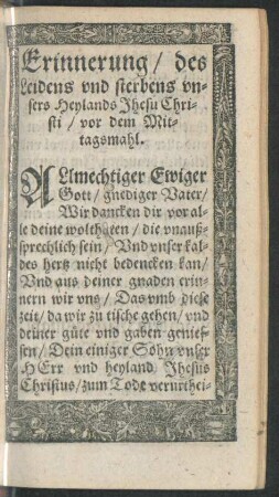 Erinnerung/ des Leidens und sterbens unsers Heylands Jhesu Christi/ vor dem Mittagsmahl.