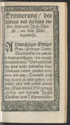 Erinnerung/ des Leidens und sterbens unsers Heylands Jhesu Christi/ vor dem Mittagsmahl.