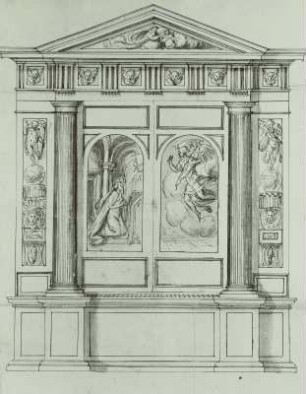 Entwurf für die Orgel der Schloßkapelle in Dresden : Thola, Benedikt de: Nichtausgeführter Entwurf für die Orgel der Schloßkapelle in Dresden. 1563. Geschlossene Flügel, Gesamtansicht mit Verkündigung (beide Mittelbilder). Federzeichnung in braun. Dresden: Hauptstaatsarchiv Dresden Loc. 35 822, Acta, Die Verfertigung einer neuen Orgel ... betr., 1563, pag. 17