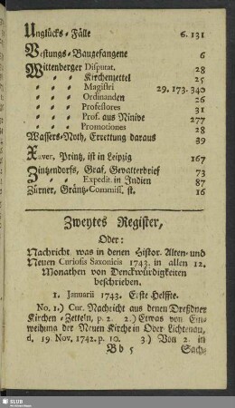 Zweytes Register, Oder: Nachricht was in denen Histor. Alten- und Neuen Curiosis Saxonicis 1743. in allen 12. Monathen von Denckwürdigkeiten beschrieben