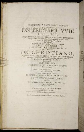 Serenissimi Ac Celsissimi Principis Dn. Friderici Wilhelmi, Ducis Saxoniæ [...] Dn. Christiano, Duci Saxoniæ [...]