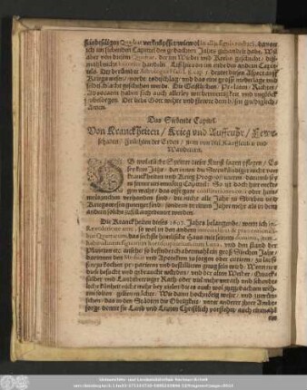 Das Siebende Capitel. Von Kranckheiten/ Krieg und Auffruhr/ ... / Früchten der Erden/ item von den Kauffleuten und Wanderern.